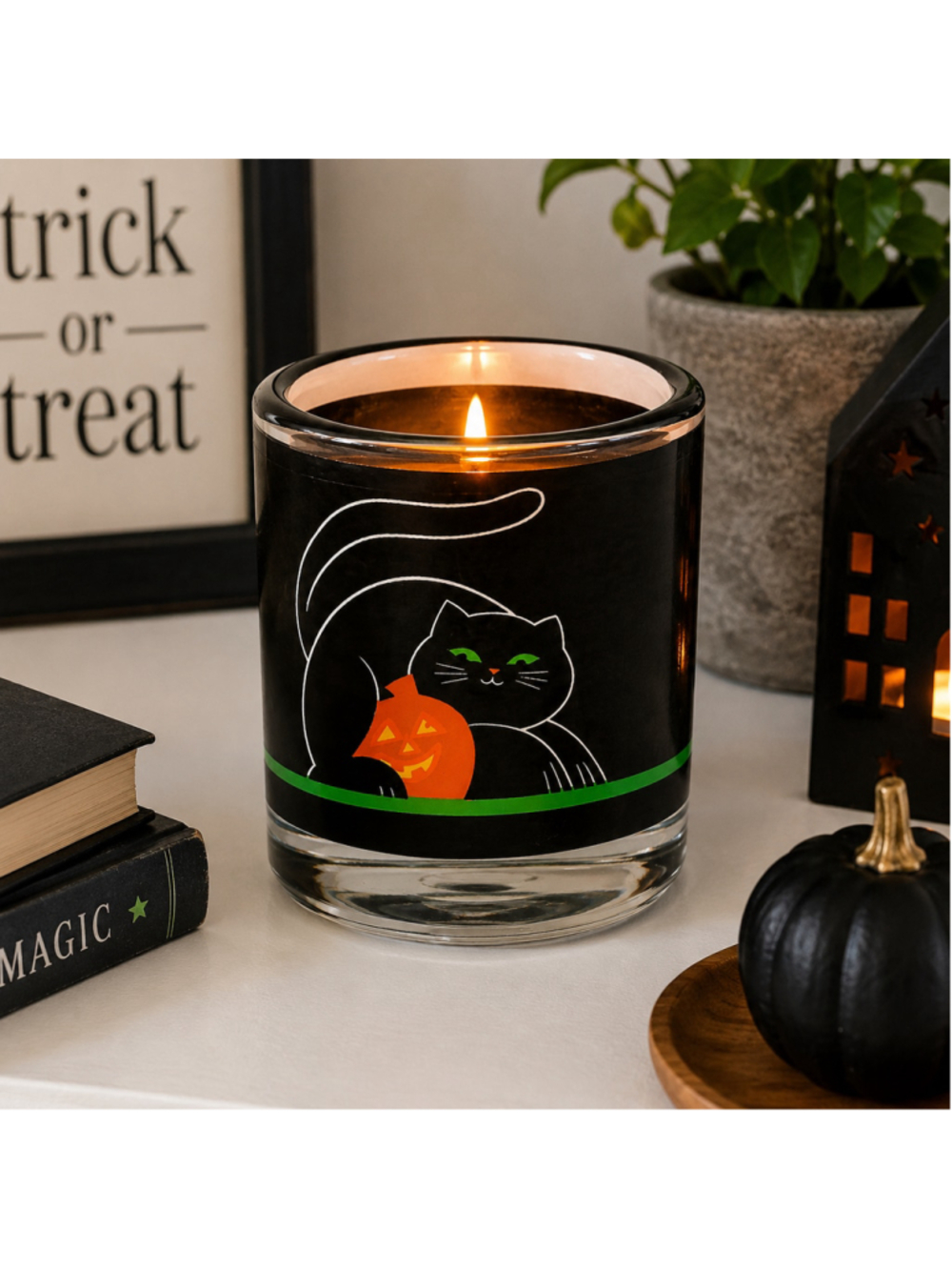 Vintage Halloween Black Cat Jack O’ Lantern Glass Candle Holder Tumbler